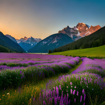 Beautiful alpine meadow at sunset. Dolomites, Italyの素材