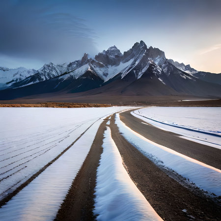 Beautiful landscape of snowy mountains and blue sky with clouds at sunrise.の素材