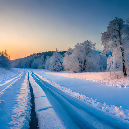 Beautiful winter landscape with road and trees covered with snow at sunsetの素材