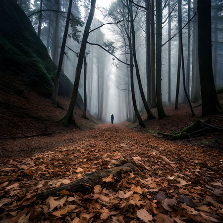Mysterious foggy forest with a lone figure in the middleの素材