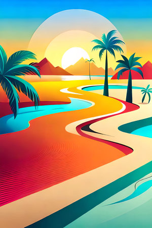 Tropical beach with palm trees at sunset. Vector illustration.の素材