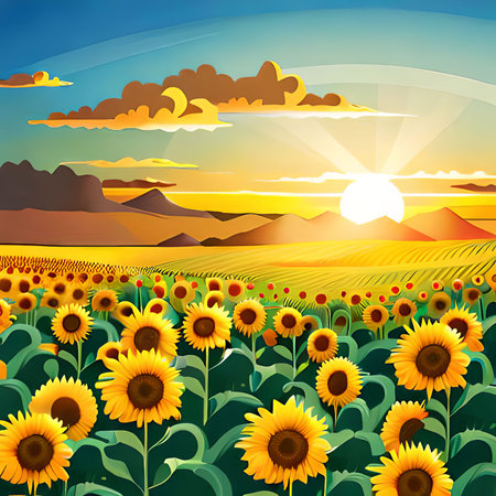 Sunflower field at sunset. Vector illustration of a summer landscape.の素材