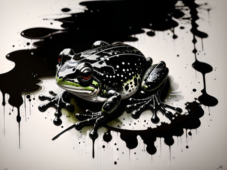 3d illustration of a green frog sitting on a black ink splashの素材