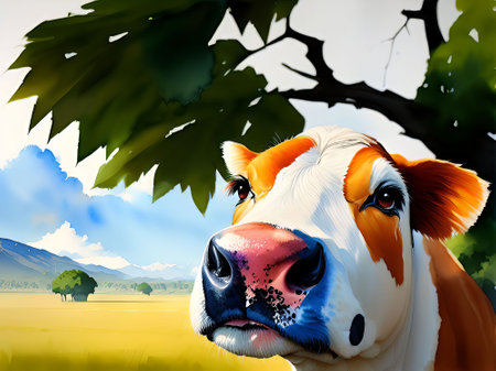 Cow in a meadow with a tree in the background, 3d renderの素材