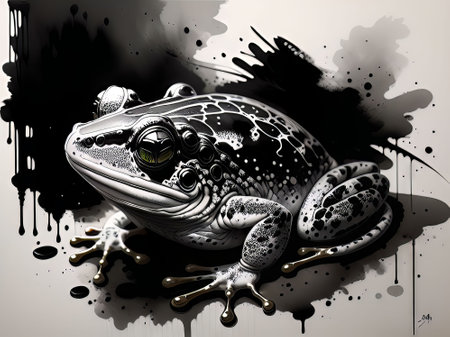 Digital illustration of a frog in black and white with grunge backgroundの素材