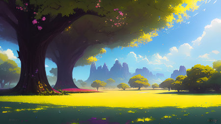 Spring landscape with big tree, grass and flowers. Vector illustration.の素材