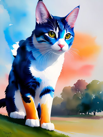 Cat on the meadow at sunset. Colorful background. Vector illustration.の素材