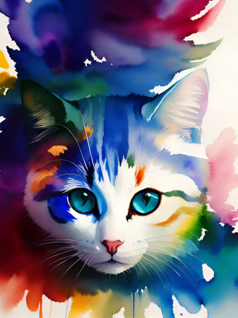 Colorful cat portrait on a watercolor background. Colorful illustration.の素材
