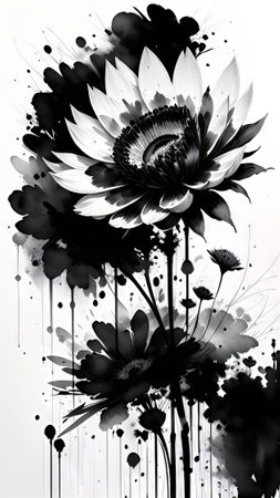 Black and white grunge floral background with sunflowers and blotsの素材