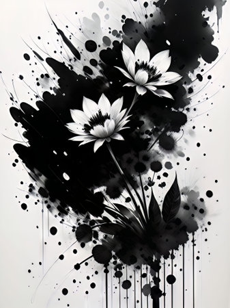 abstract black and white background with watercolor splashes and flowersの素材