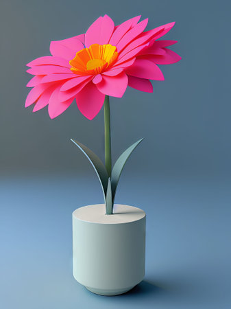 Pink flower in vase on blue background. 3D rendering.の素材