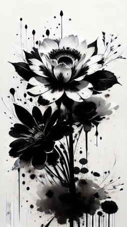 abstract black and white flower watercolor painting on white paper backgroundの素材