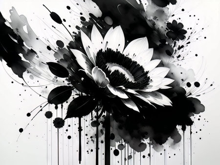 abstract black and white background with sunflower and watercolor splashesの素材