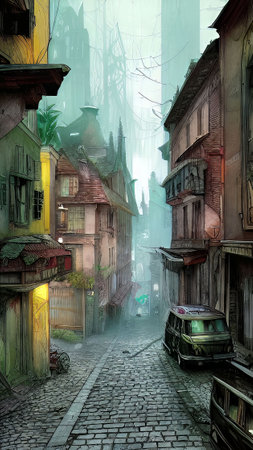 Old street in the old city of Prague, Czech Republic. Digital painting.の素材