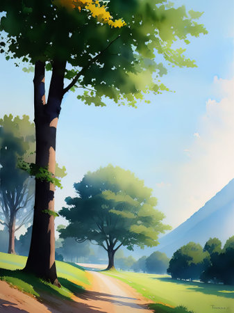 Landscape with trees and road in the morning, vector illustration.の素材