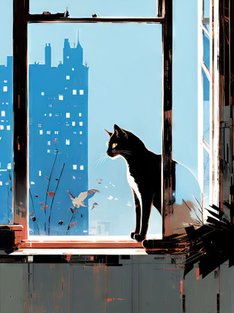 Black cat on the windowsill looks at the city. Collage.の素材
