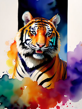 Tiger on colorful watercolor background. Digital art painting. Vector illustration.の素材