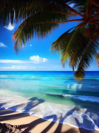 Tropical beach with palm trees and blue sky. Nature backgroundの素材