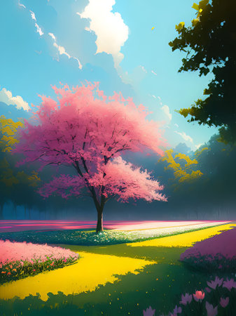 Cherry blossom tree in the spring season, vector illustration.の素材
