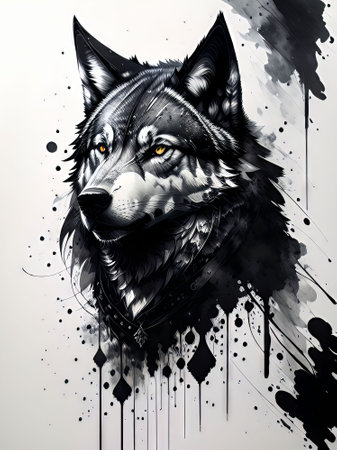 Wolf portrait with grunge background. Ink painting. Vector illustration.の素材
