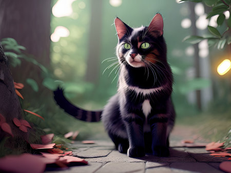 Black and white cat with green eyes sits on the pavement in the forestの素材