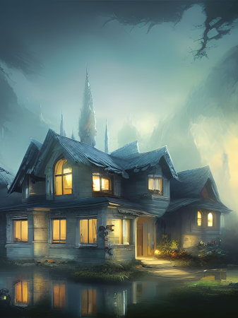 Night scene with old house in the fog. Digital painting illustration.の素材