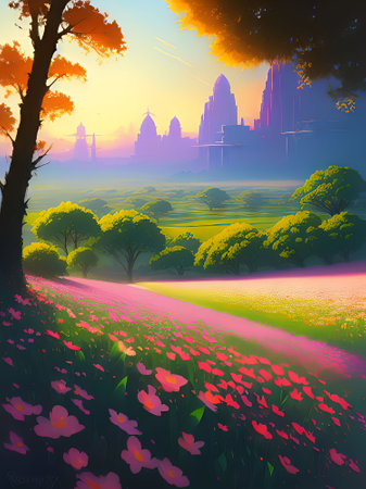 Sunset in the park with flowers and trees. Digital painting.の素材
