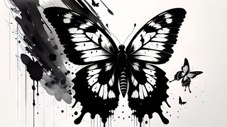 Butterfly in black and white background with ink blots.の素材