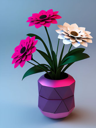 Flowers in vase on blue background. 3D illustration.の素材