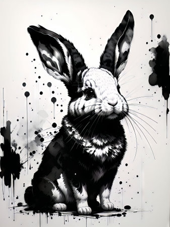 Rabbit on a background of splashes and blots. Hand-drawn illustration.の素材
