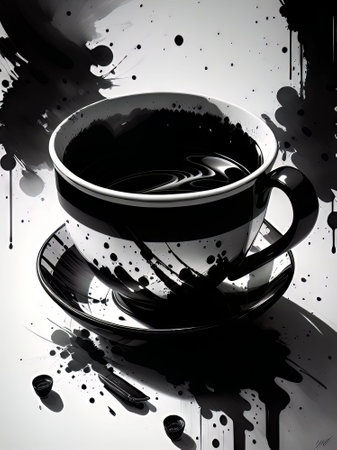 Coffee cup with watercolor splashes in black and whiteの素材
