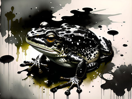 illustration of a frog on a grunge background with splashesの素材
