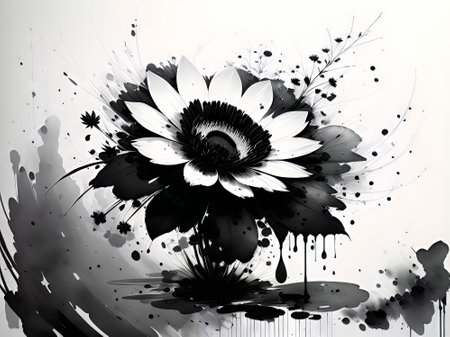 abstract black and white flower with watercolor splashes and blotsの素材