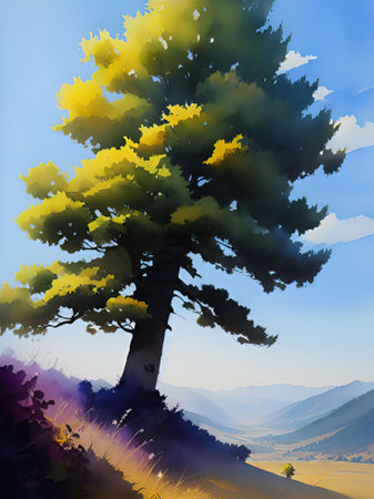 Illustration of a pine tree on a hillside in the summerの素材