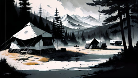 Camping in the mountains. Digital painting. Camping in the mountains.の素材