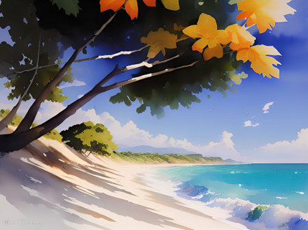 Illustration of a beautiful beach with a lot of leaves and treesの素材