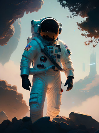 Astronaut on the background of the planet. 3d renderingの素材