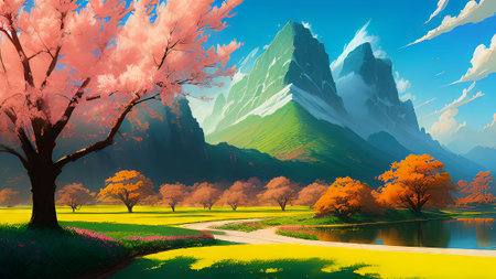 Beautiful spring landscape with mountain and lake. Digital art painting.の素材