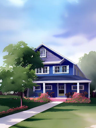 Illustration of a beautiful house on a background of the landscape.の素材