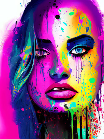 Portrait of a beautiful girl with bright make-up and multicolored paint splashes.の素材