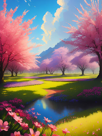Spring landscape with cherry blossom trees and lake. Vector illustration.の素材
