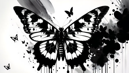 Butterfly on abstract black and white background. Digital painting.の素材