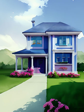 House in the countryside with flowers in the garden. Vector illustration.の素材