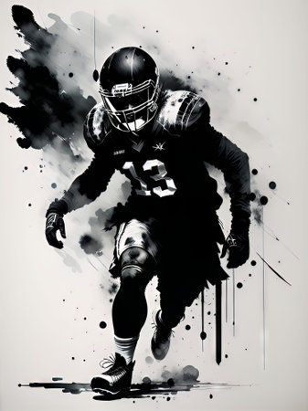 American football player in action on grunge background. Digital illustration.の素材
