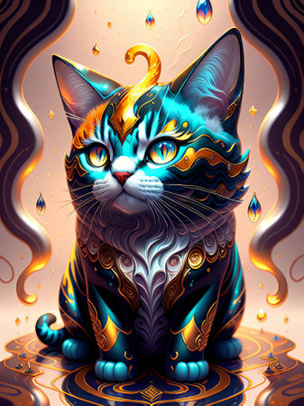 Mystical cat with blue eyes and yellow ornament on the body.の素材
