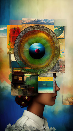 3D illustration of a girl's head with an abstract image of the eyeの素材