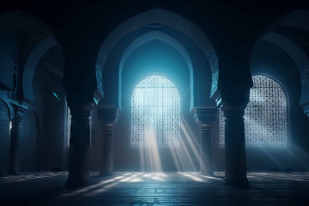Ramadan Kareem greeting card. 3D rendering of mosque doorの素材