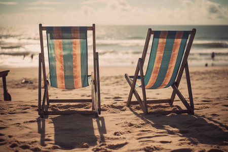 Two deck chairs on the beach with sea in the background - vintage filterの素材