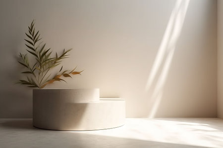 Minimalist abstract scene with podium and plant. 3d renderの素材