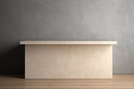 Blank concrete reception desk on wooden floor. Mock up, 3D Renderingの素材